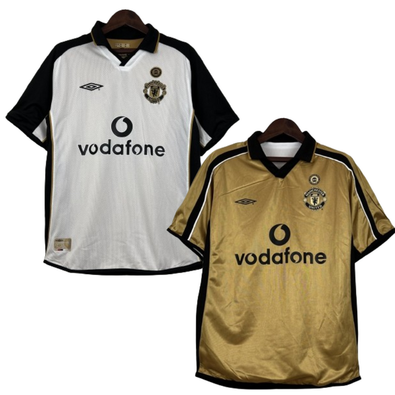 Camisa Dupla Face Retrô Manchester United Umbro 2001/02 100 Anos Masculina Branca e Preta ou Dourada - Rezenha 10 FC
