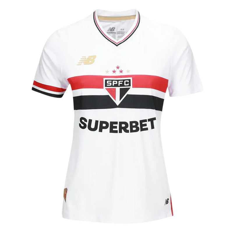 Camisa São Paulo Home Feminina 25/26 Torcedor New Balance - Branco e Vermelho - Rezenha 10 FC